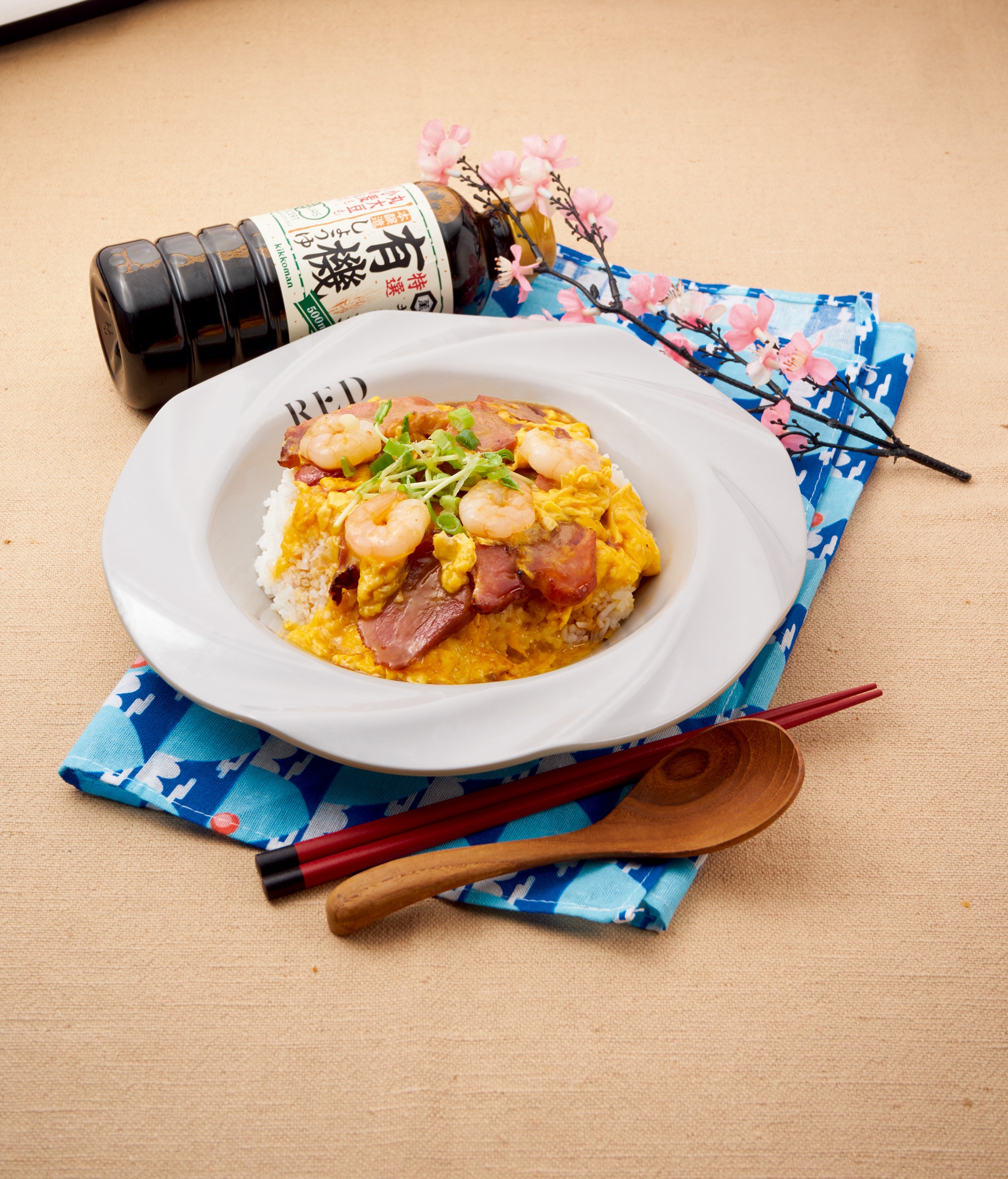 Japanese-style Scrambled Eggs with Char Siu and Shrimp Rice